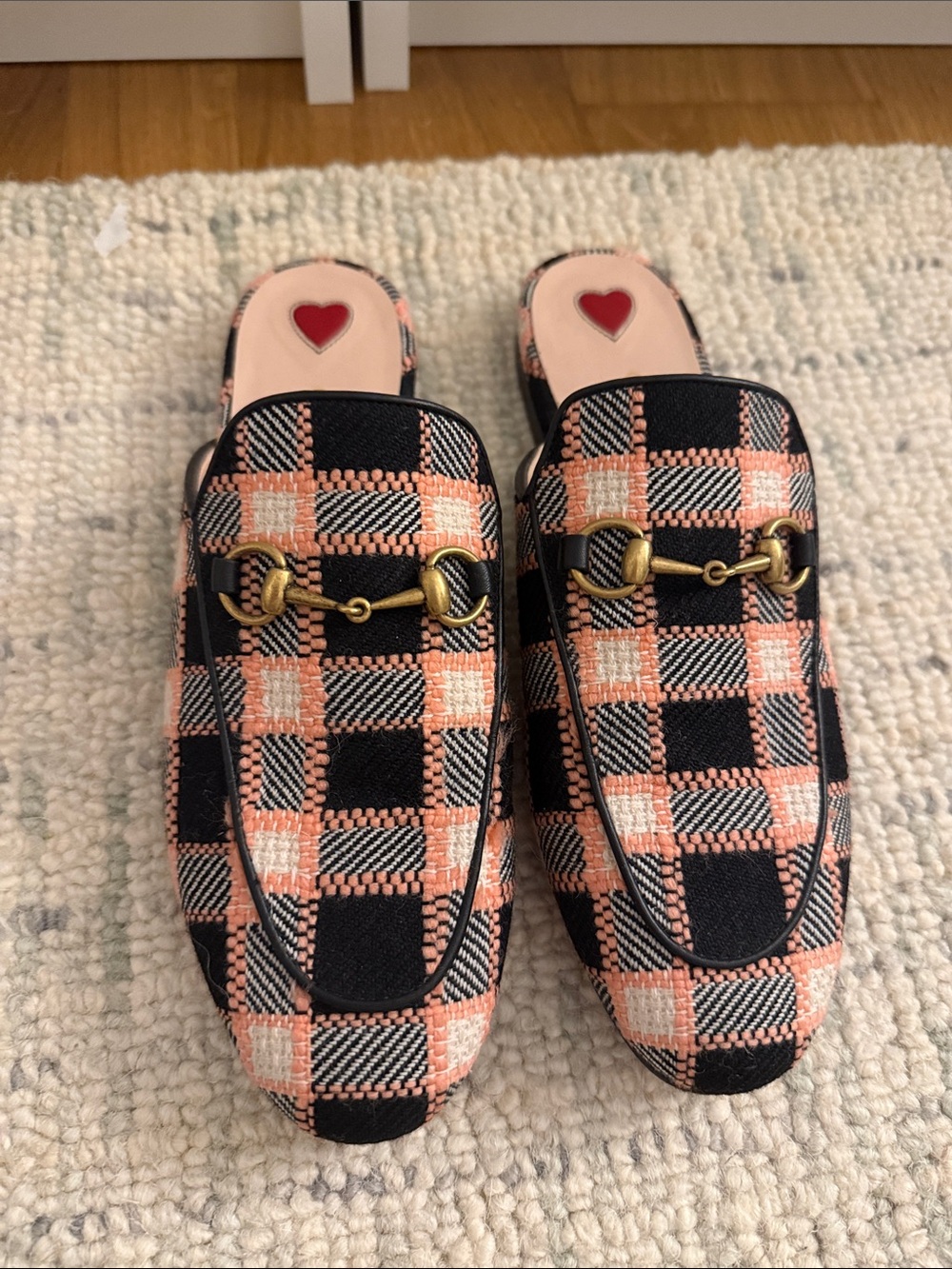 Gucci Plaid Pink and Black Slip-On Loafers with Metal Bit
